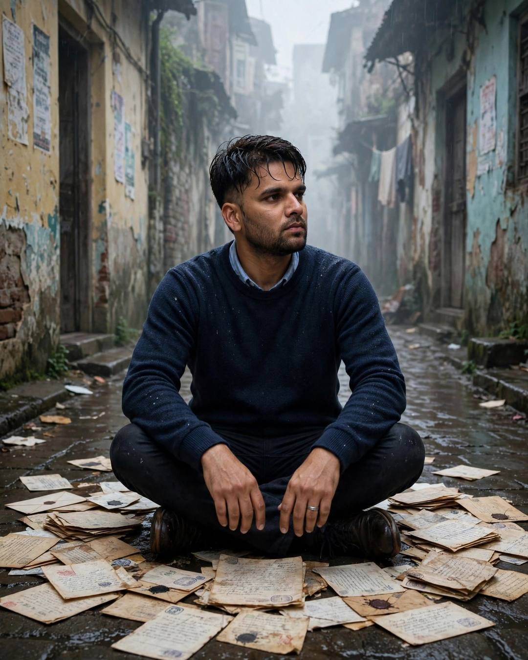 Young man sitting cross-legged among old letters in a foggy old-city lane, navy sweater, damp hair
