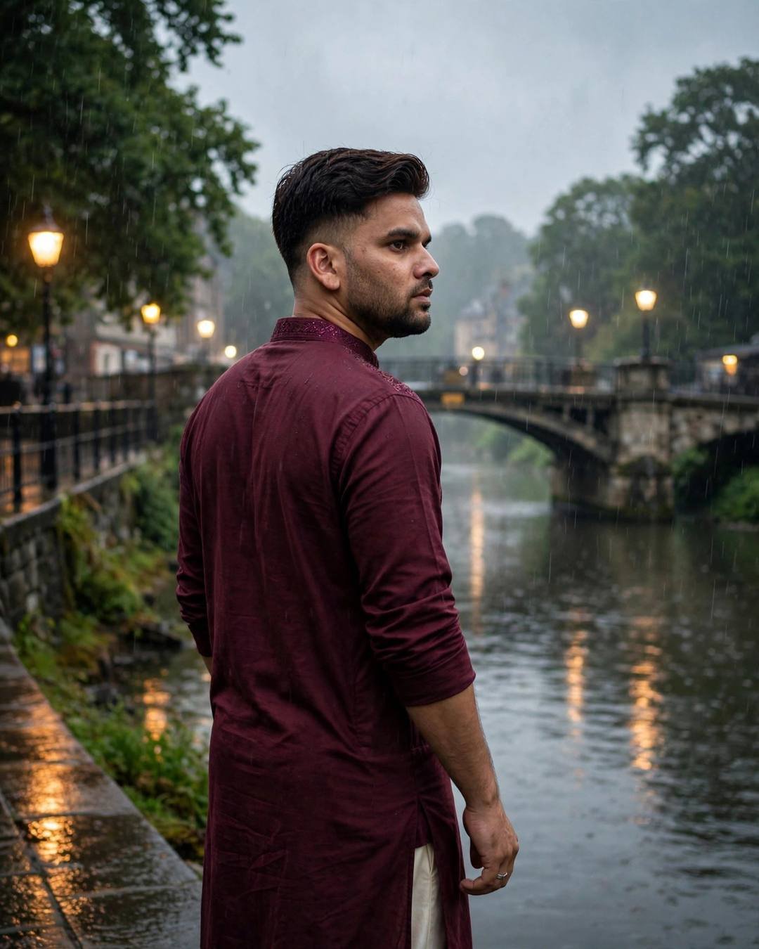 Man in maroon kurta looking over shoulder by a rainy riverside bridge