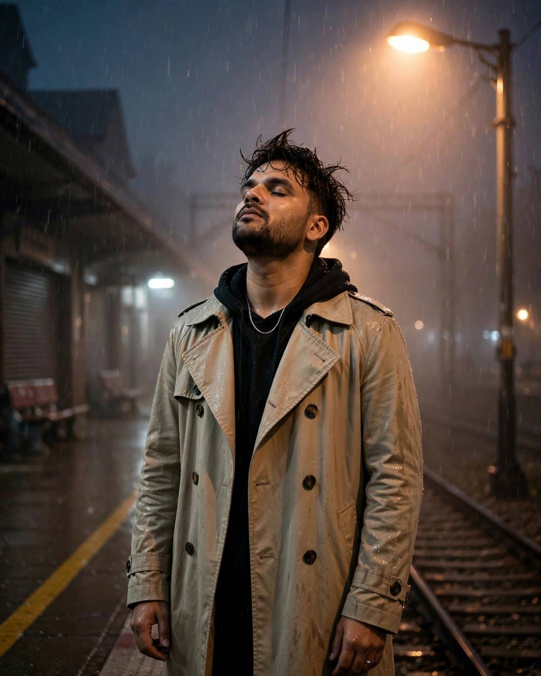 Young Indian man in trench coat standing in rain under a streetlamp, face lifted to the sky