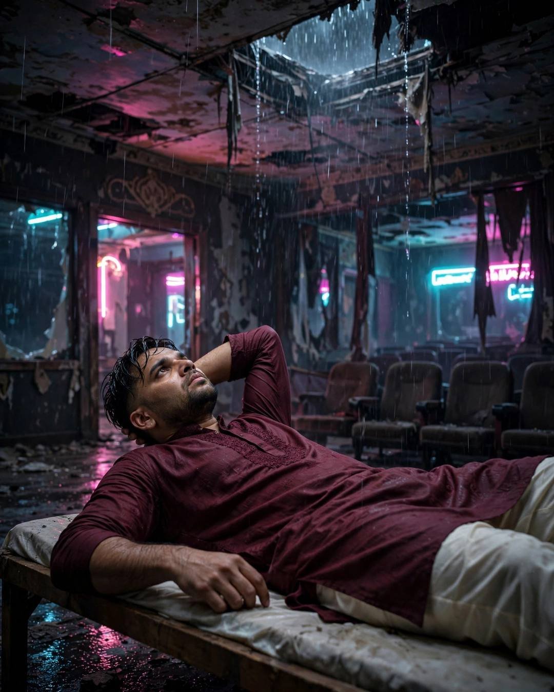 Young Indian man in maroon kurta lying on a charpai in a ruined neon-lit cinema hall in the rain