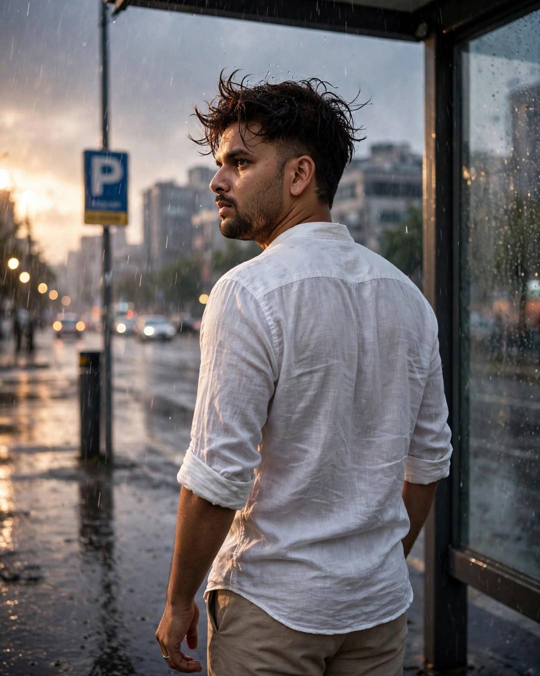 Young Indian man in white linen shirt at a rainy bus stop, looking back over his shoulder