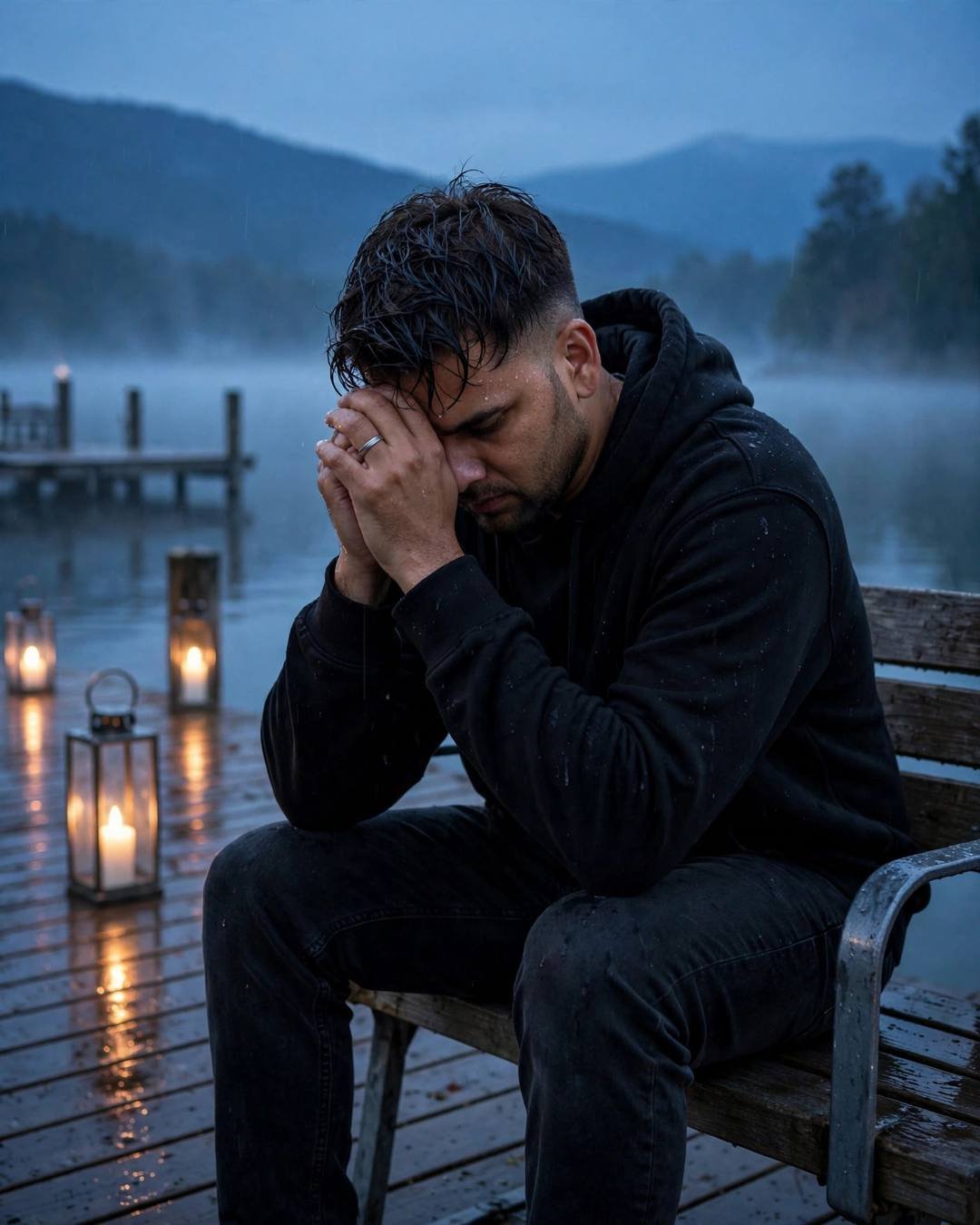 Sad young Indian man in black hoodie sitting on a lake pier bench at dawn, head in hands, candles burning