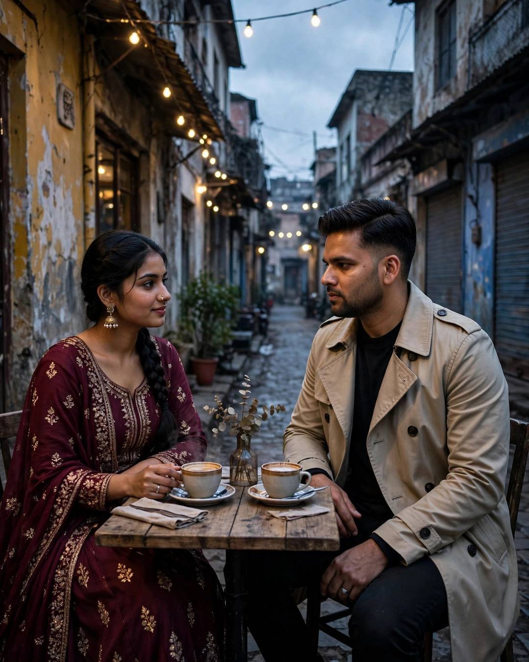 Sad couple across a cafe table at night, hands almost touching over cups