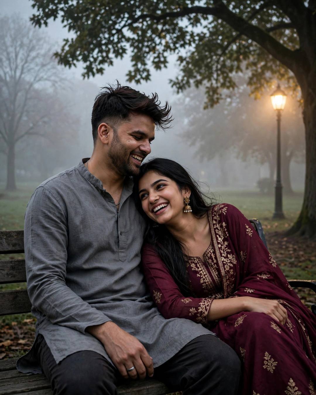 Couple under a foggy tree at dawn, her head in his lap, laughing softly