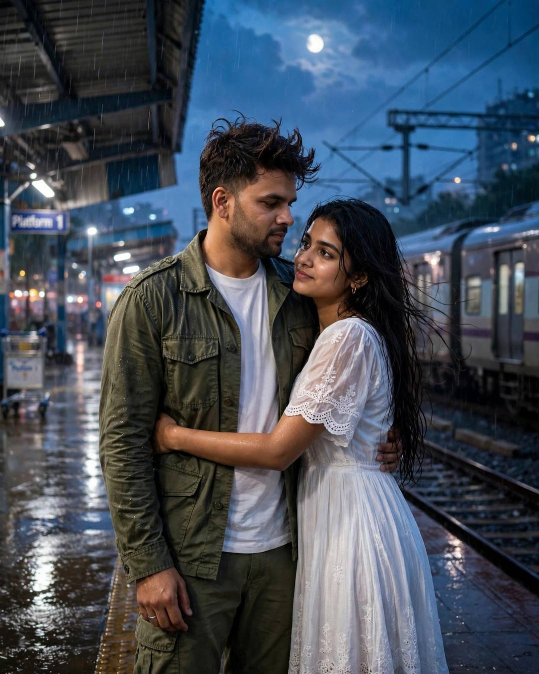 Couple hugging goodbye on a rainy moonlit railway platform