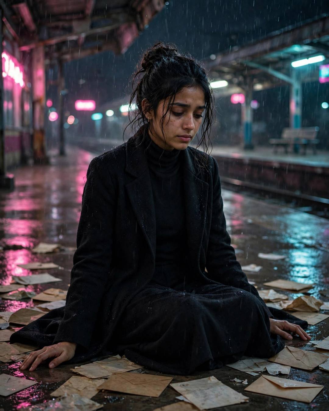Sad young Indian woman in black coat sitting among old letters on a rainy neon-lit platform