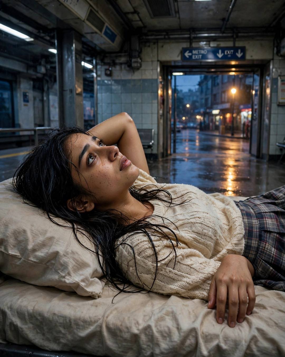 Young Indian woman in cream knit top lying on a metro platform bed at night, staring upward