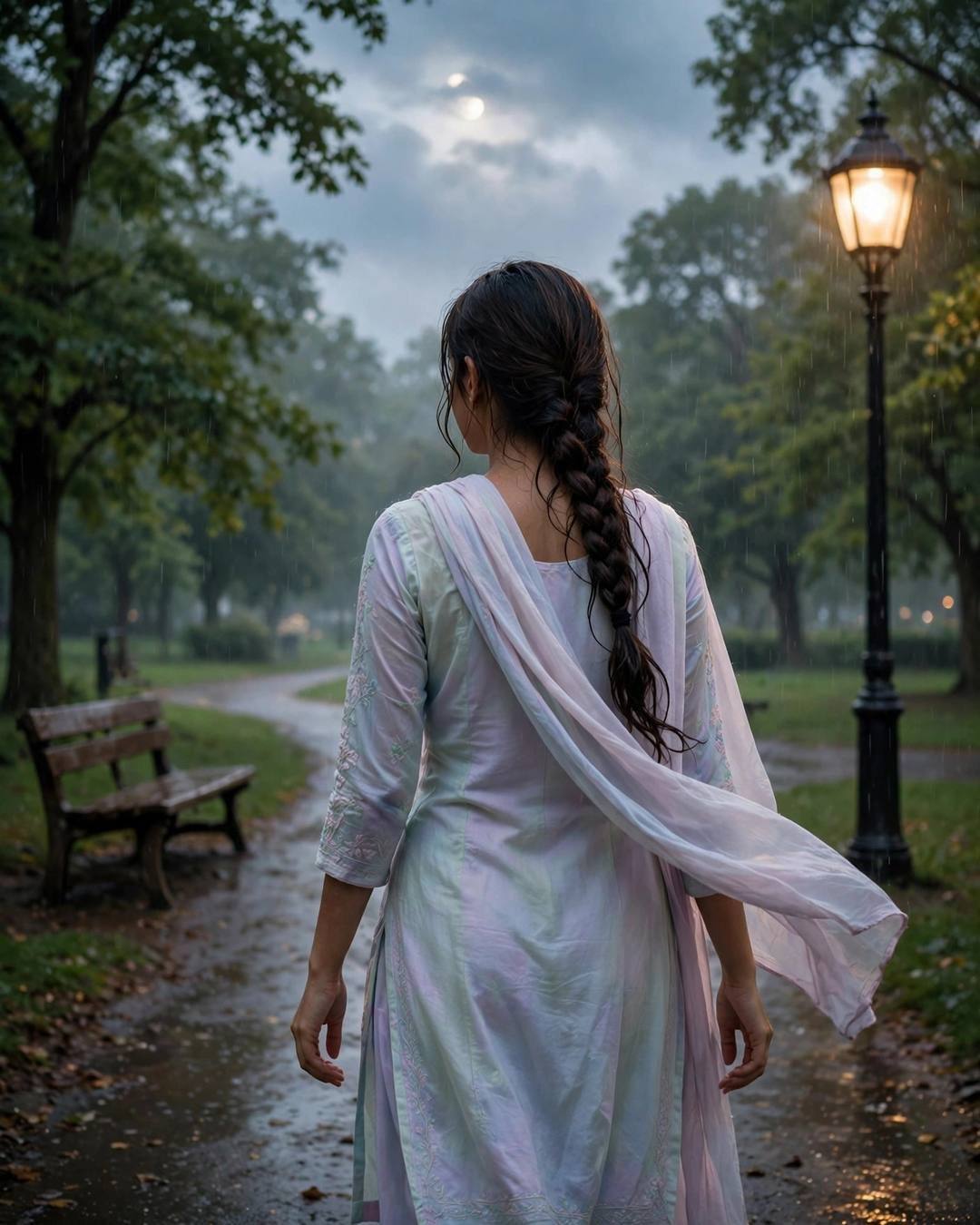 Young Indian woman in pastel salwar-kameez walking away down a rainy park path at night