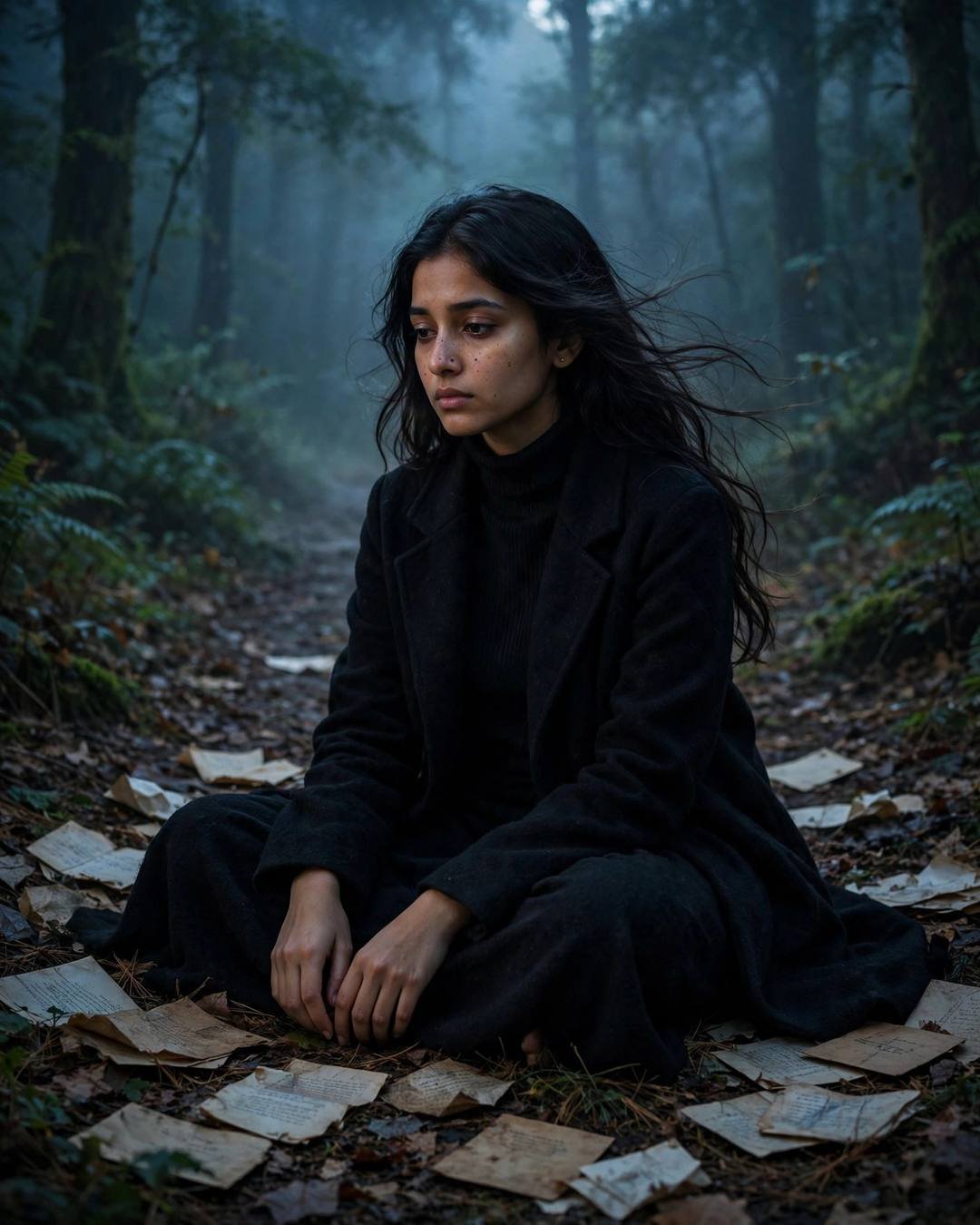 Young Indian woman in black coat brushing her hair on a misty moonlit forest path