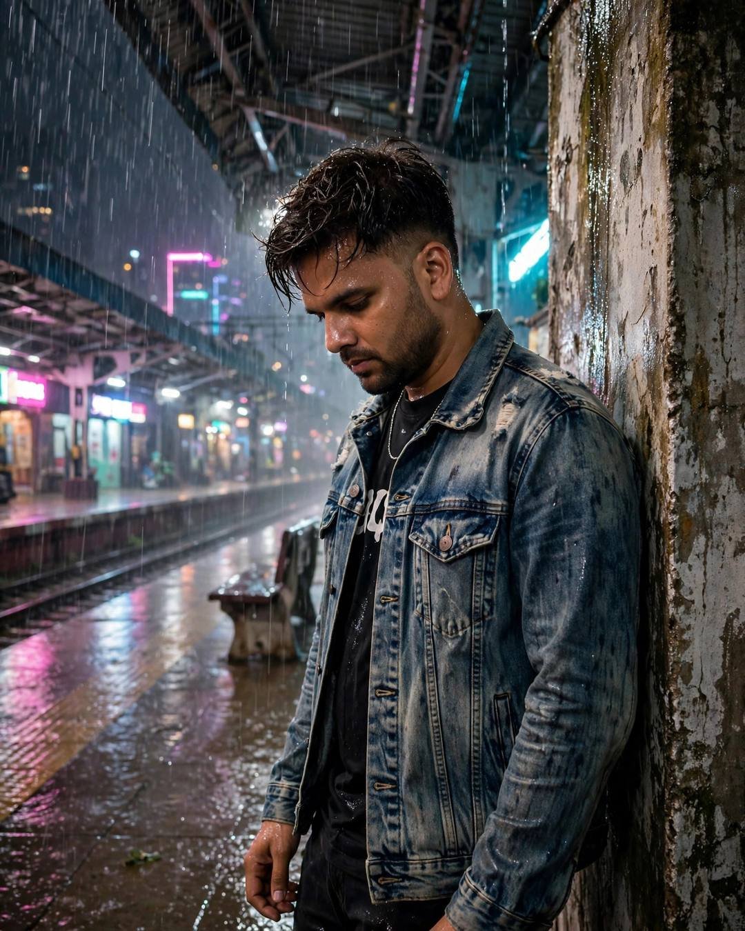 Leaning over a bridge railing as the — distressed denim jacket over black tee, towel-dried tousled hair leaning against a weathered wall, head tilted down at empty railway platform