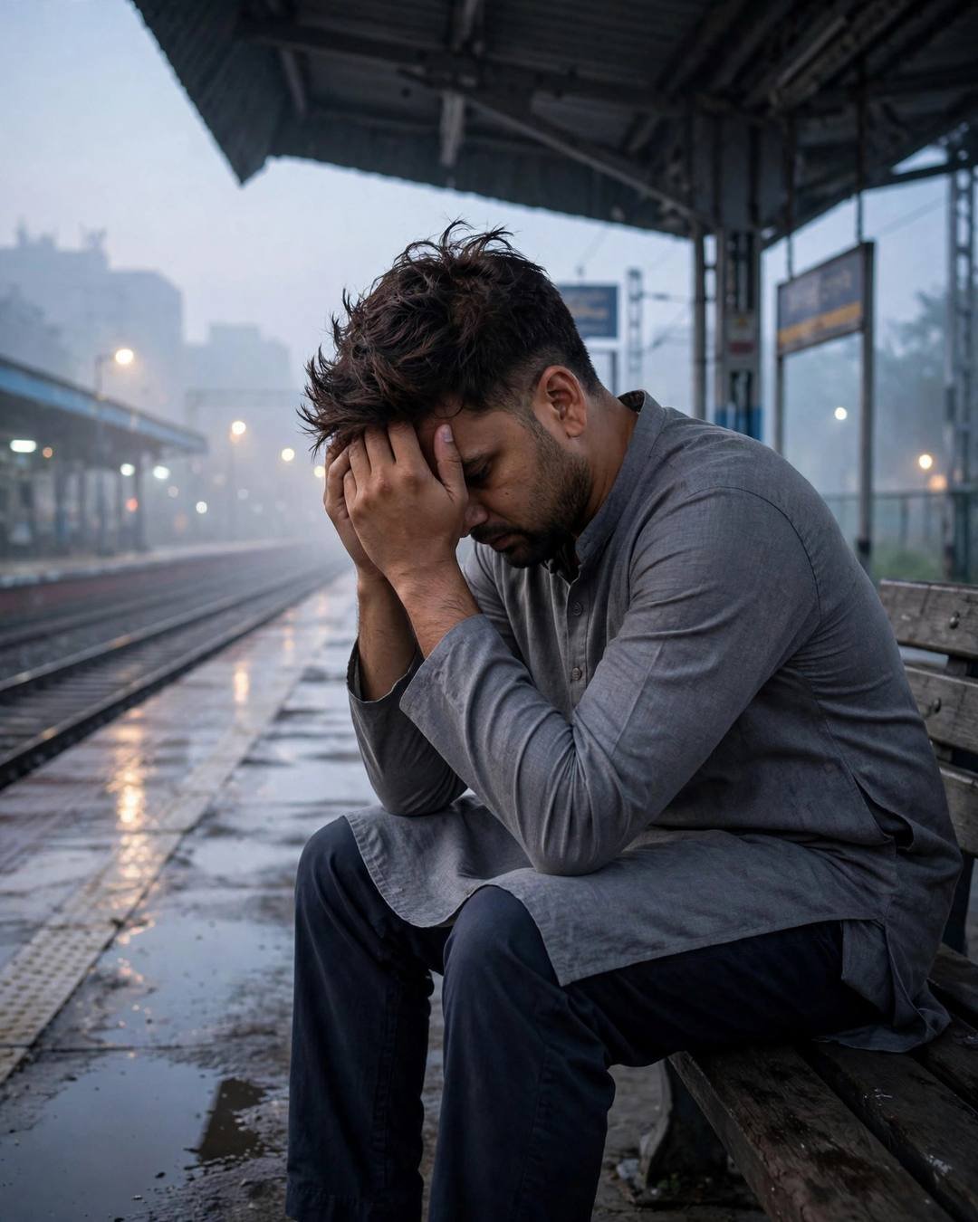 Steam from a food cart swirling thickly — grey kurta with dark pajama, windswept textured hair sitting on station bench, elbows on knees, head in hands at empty railway platform