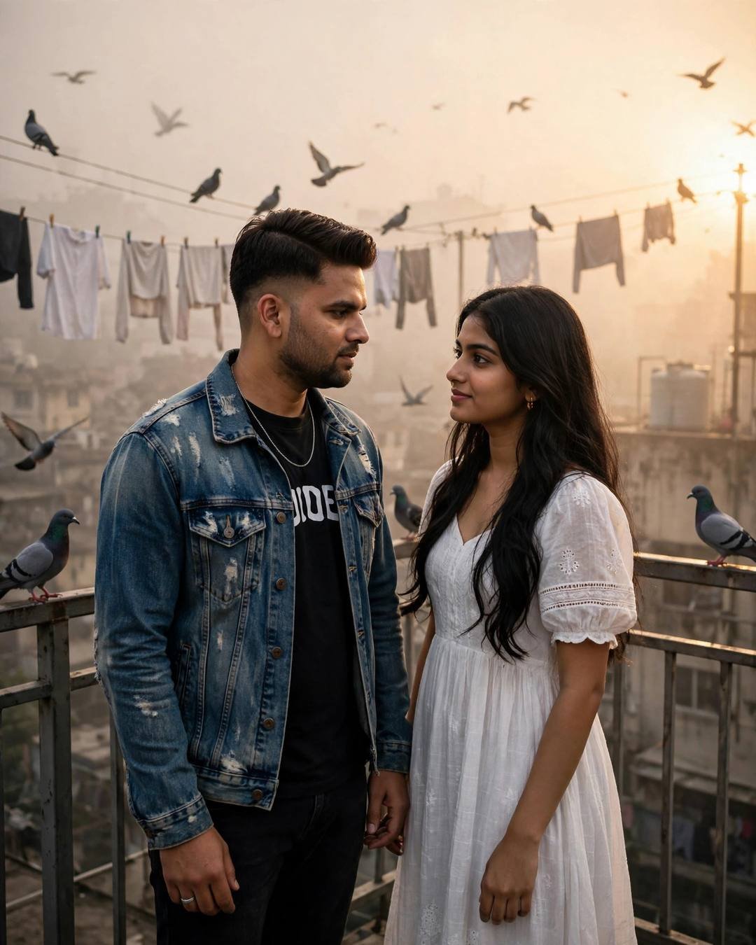 Couple on a rooftop terrace at golden hour with pigeons and washing lines, man in denim jacket, woman in white dress