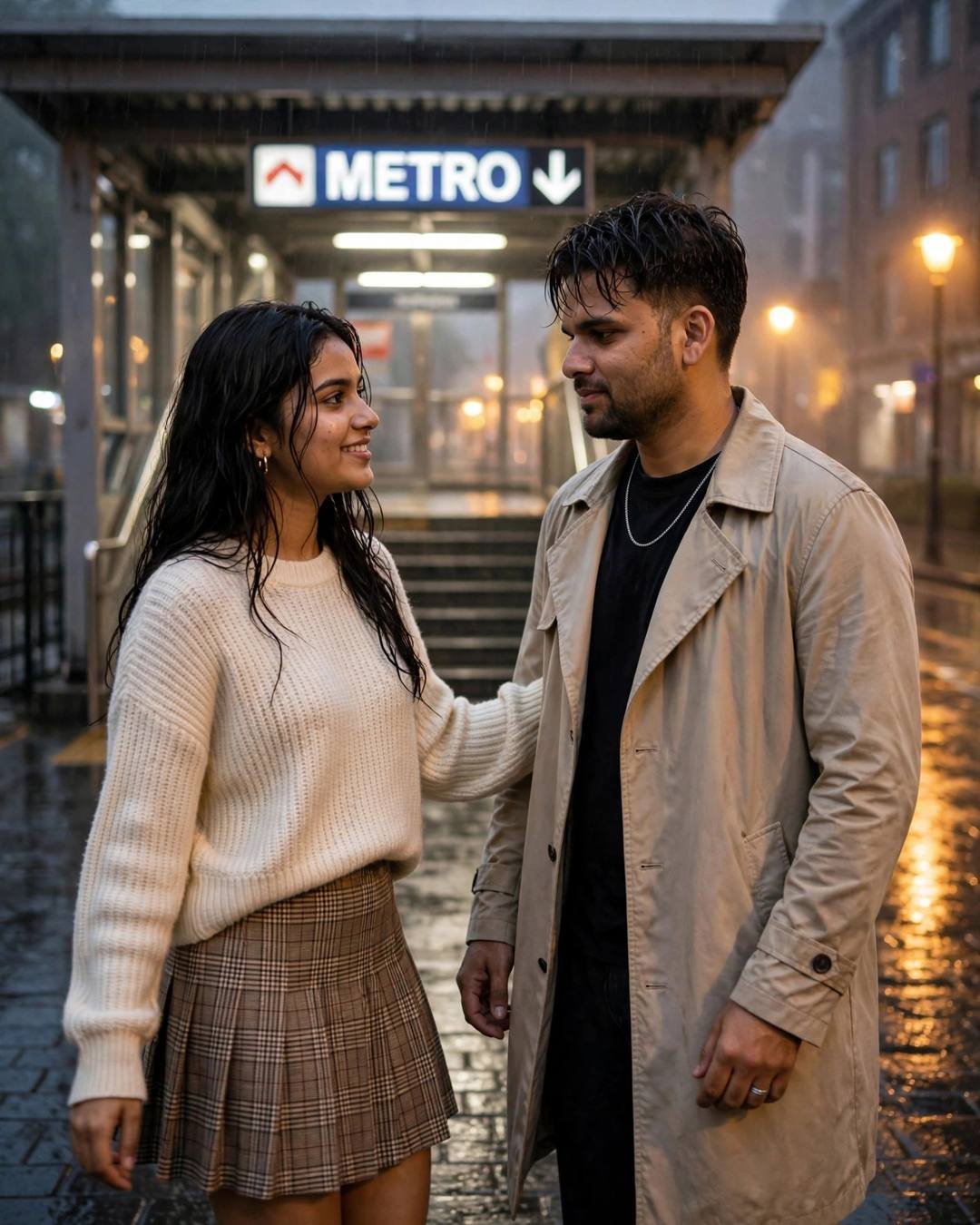 Couple in golden rain outside a metro station, woman in cream knit with head on man's trench-coated shoulder