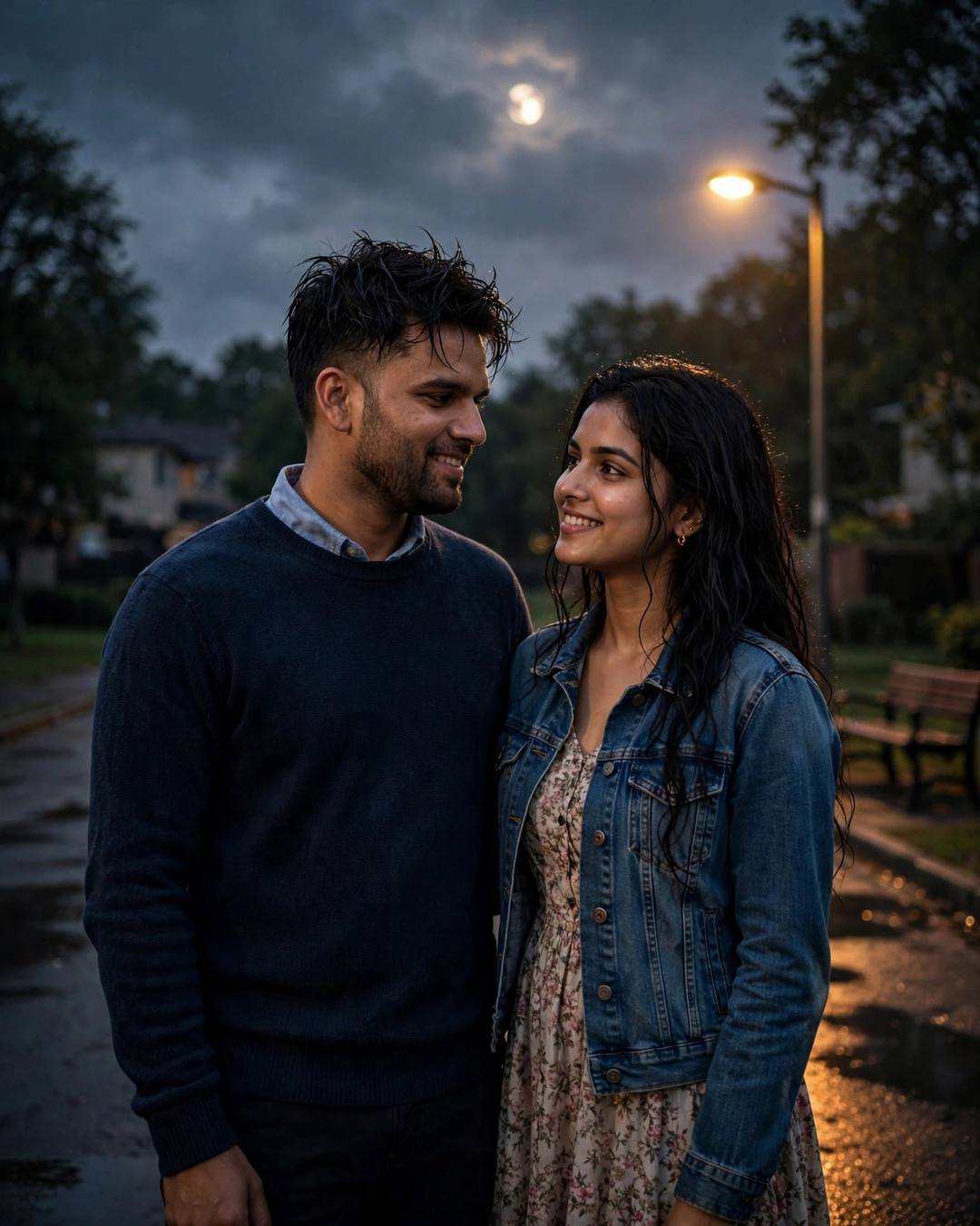 Couple dancing slowly on a wet empty street at night under a streetlamp and moon, man in navy sweater