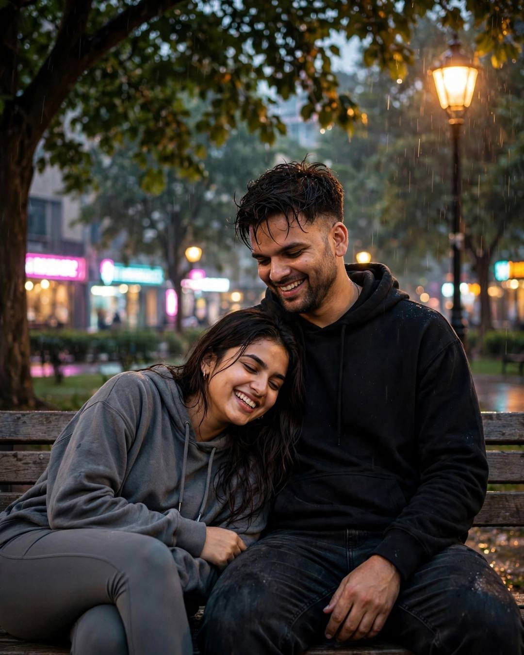 Laughing couple on a park bench under a burning orange sky at night, both in hoodies, neon city lights behind