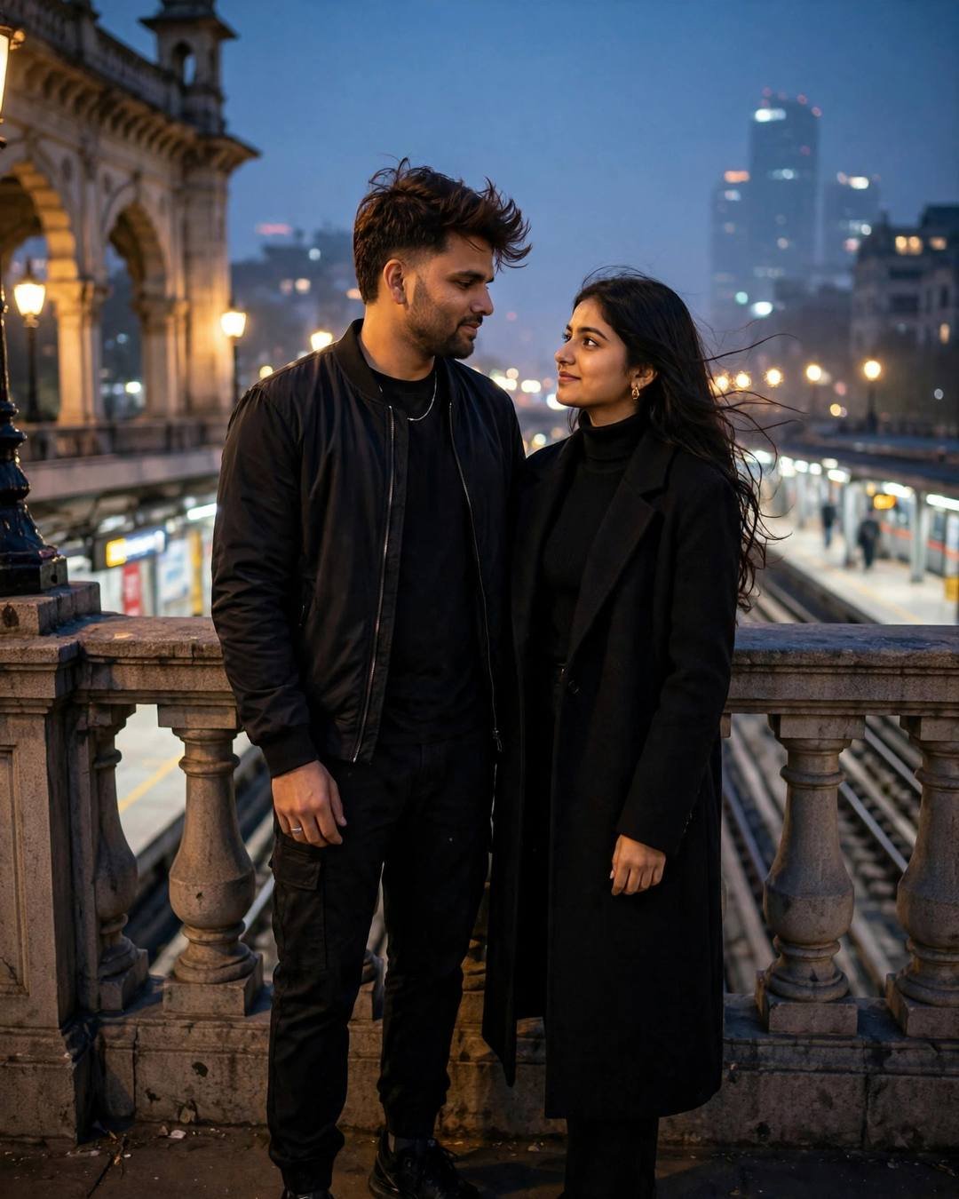 Her red chooda, his safa, one frame — all-black streetwear with sneakers, windswept textured hair standing on a bridge, looking at each other while the city blurs
