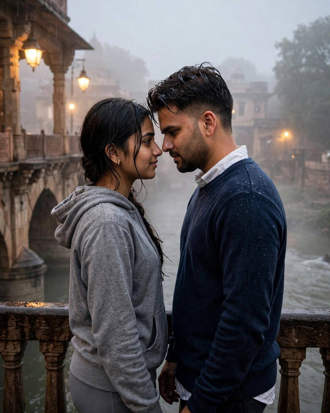 Her smearing haldi on his cheek while — navy sweater over collared shirt, damp rain-wet hair standing face to face, foreheads almost touching
