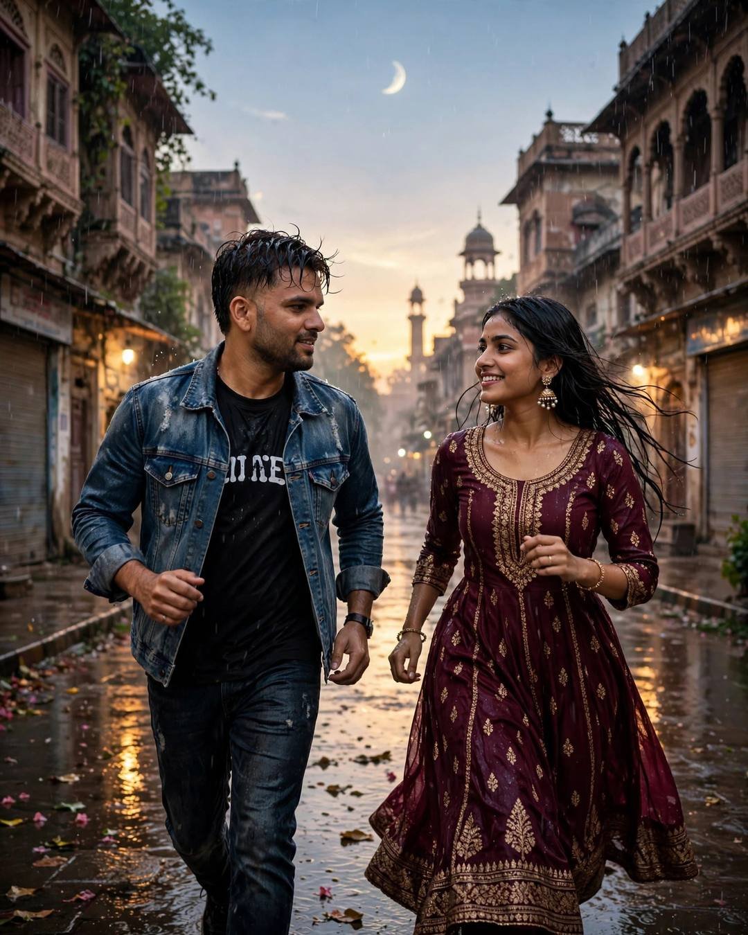 Her bangles chiming as she drapes the — distressed denim jacket over black tee, damp rain-wet hair running toward each other across a sunlit field