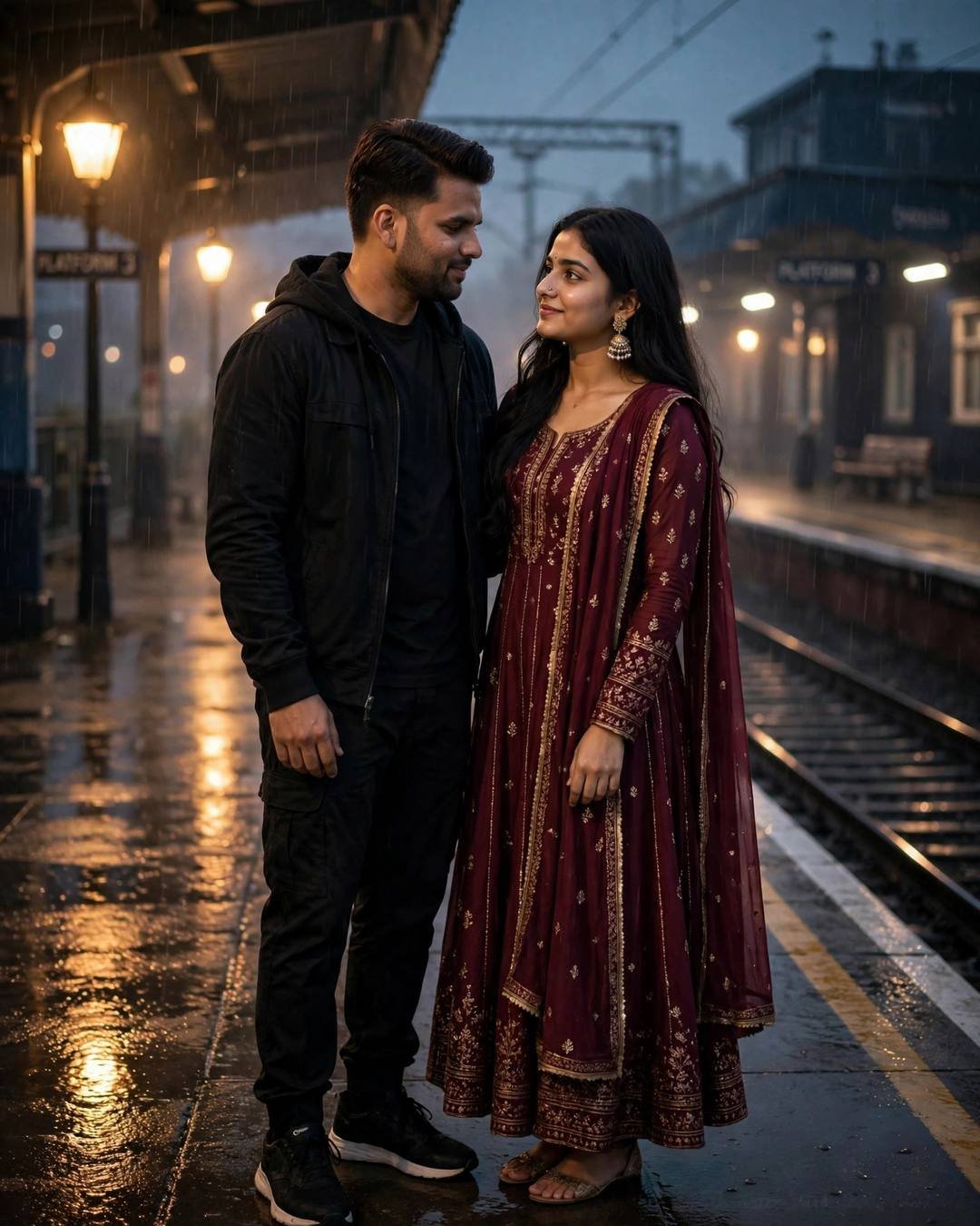 AI-generated cinematic portrait: Brushing rain off her cheek, hand lingering