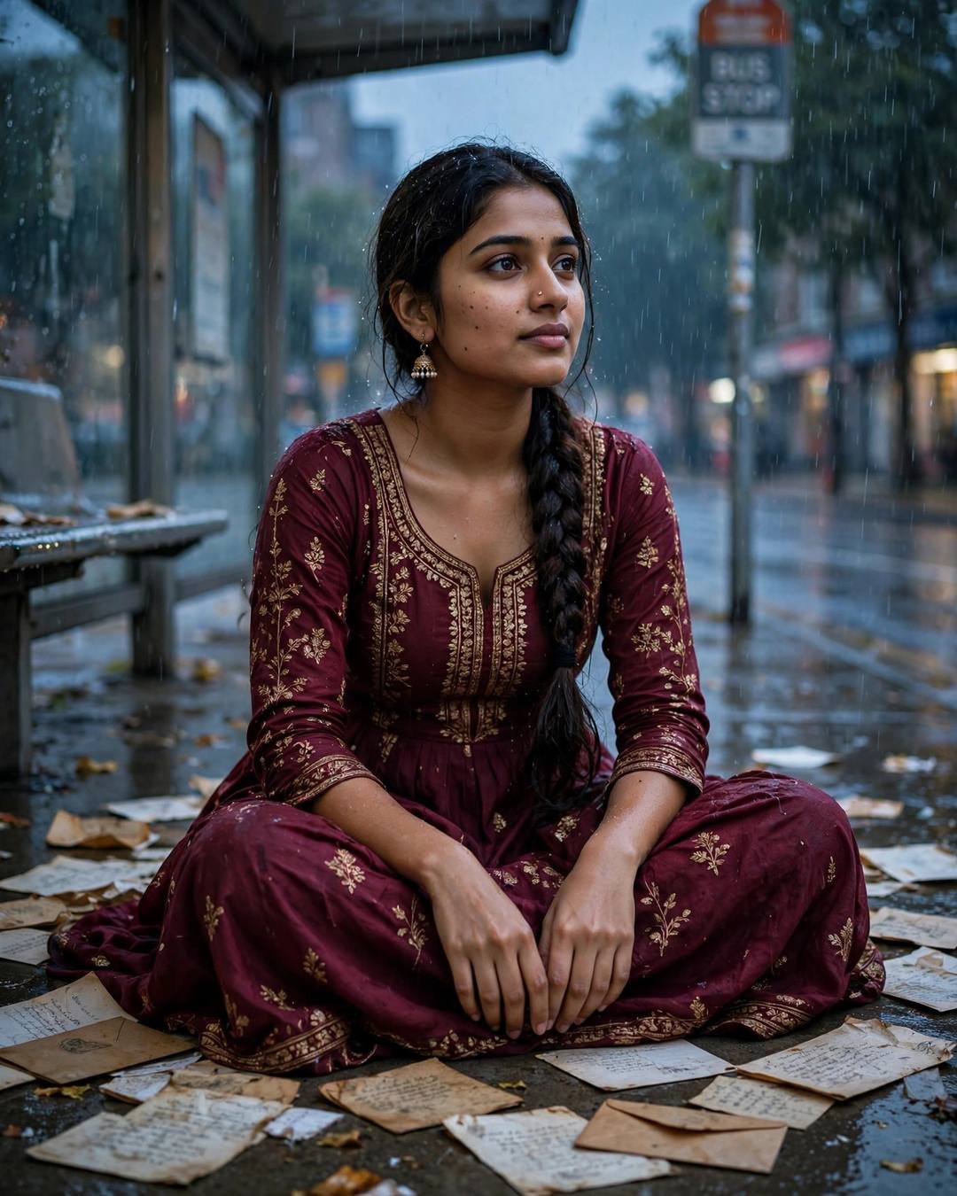 Young Indian woman in a maroon anarkali sitting among old letters at a rainy bus stop