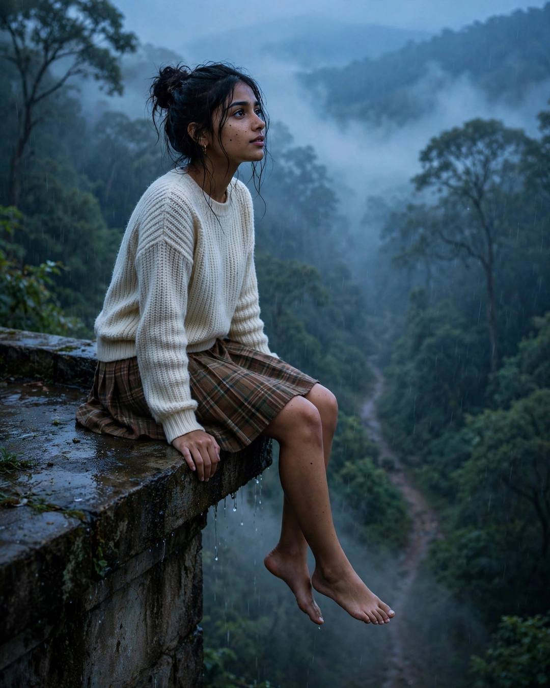 Young Indian woman in a cream knit top and plaid skirt sitting on a rooftop ledge over a misty forest
