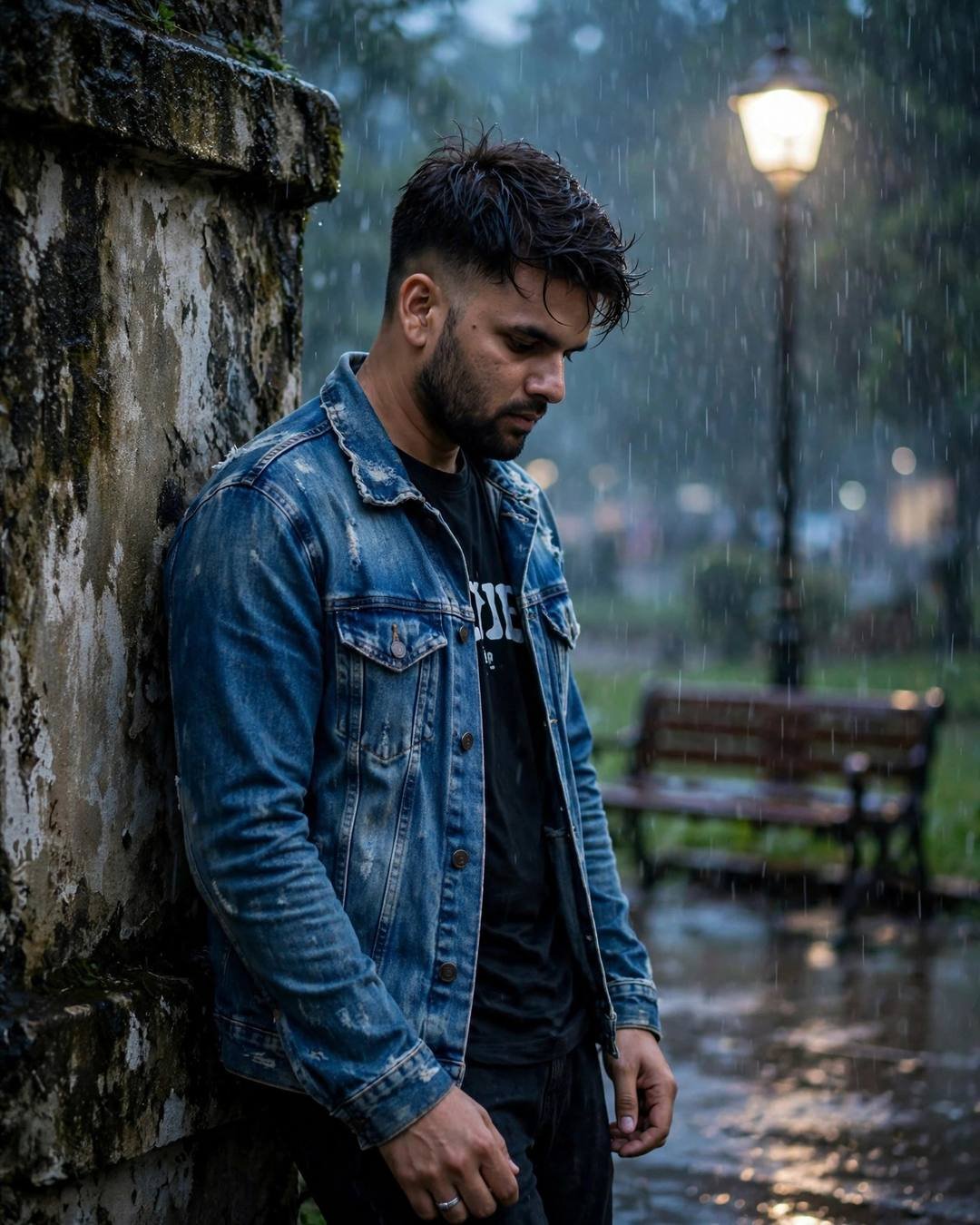 Young man in a denim jacket leaning against a weathered wall in heavy monsoon rain in an empty park