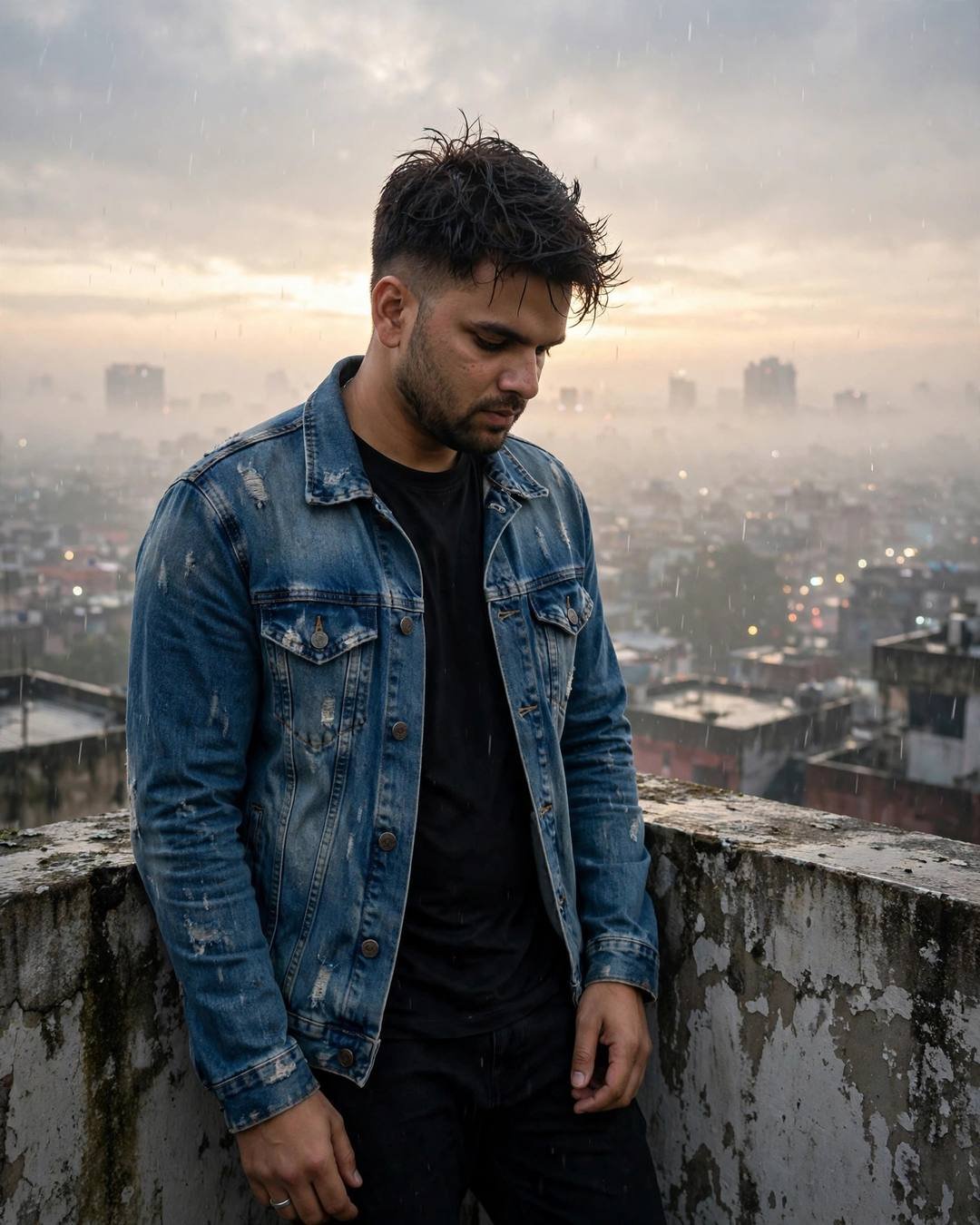 Young man in a denim jacket on a rain-wet rooftop overlooking a sleeping city at foggy dawn