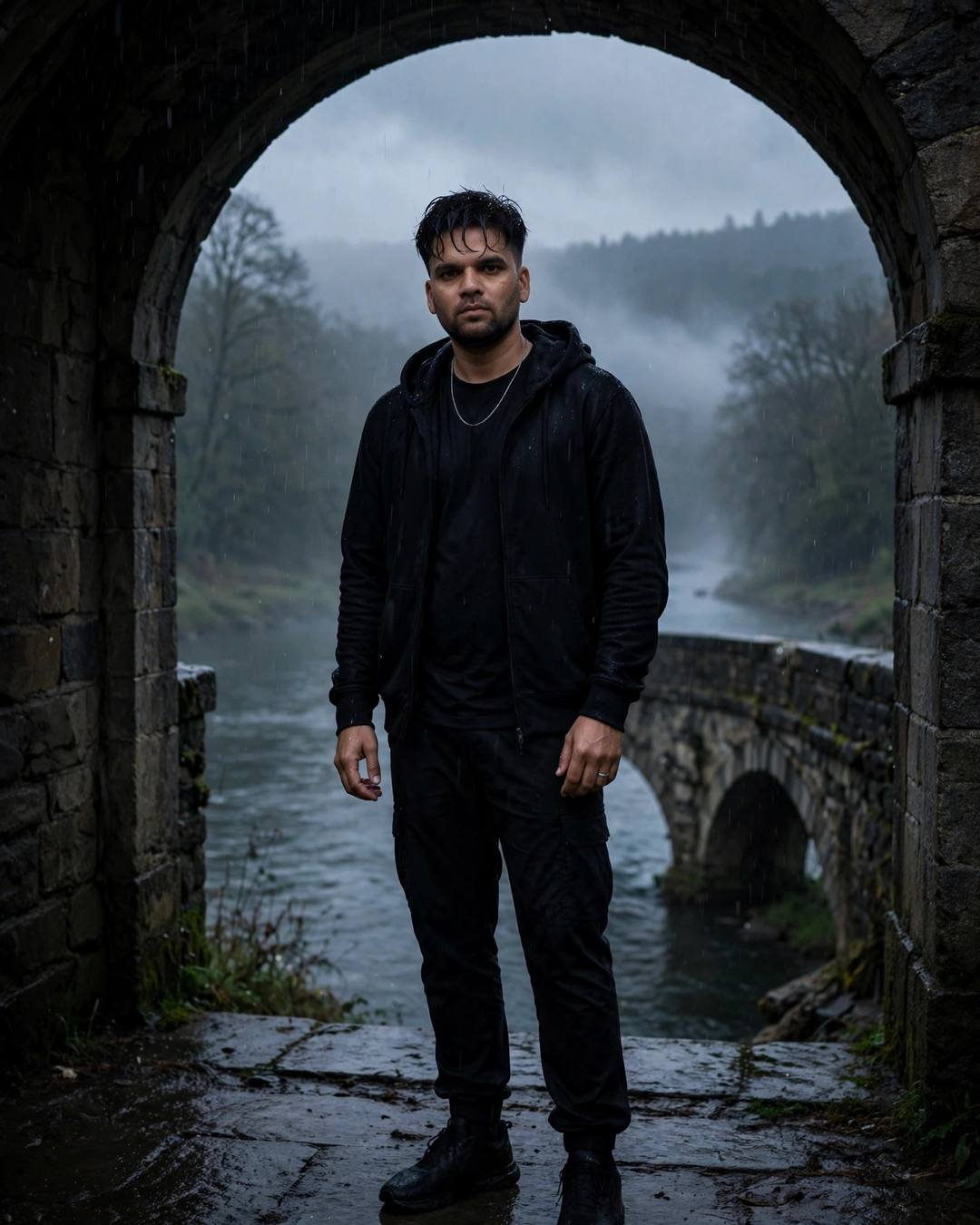 Young man in black streetwear standing in a stone archway over a foggy river at night in the rain