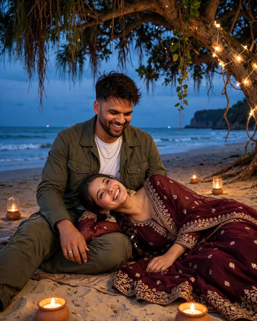 Laughing couple on a deserted beach at dusk, woman in maroon anarkali with head in the man's lap, fairy lights and clay diyas around