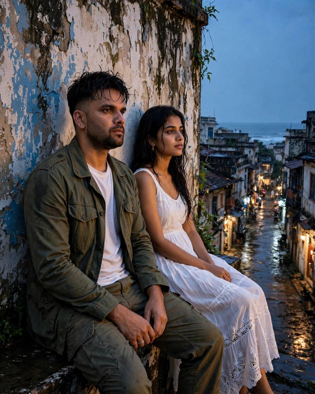 Young couple sitting side by side against a weathered wall above a rain-wet coastal lane at dusk, woman in white dress, man in olive jacket