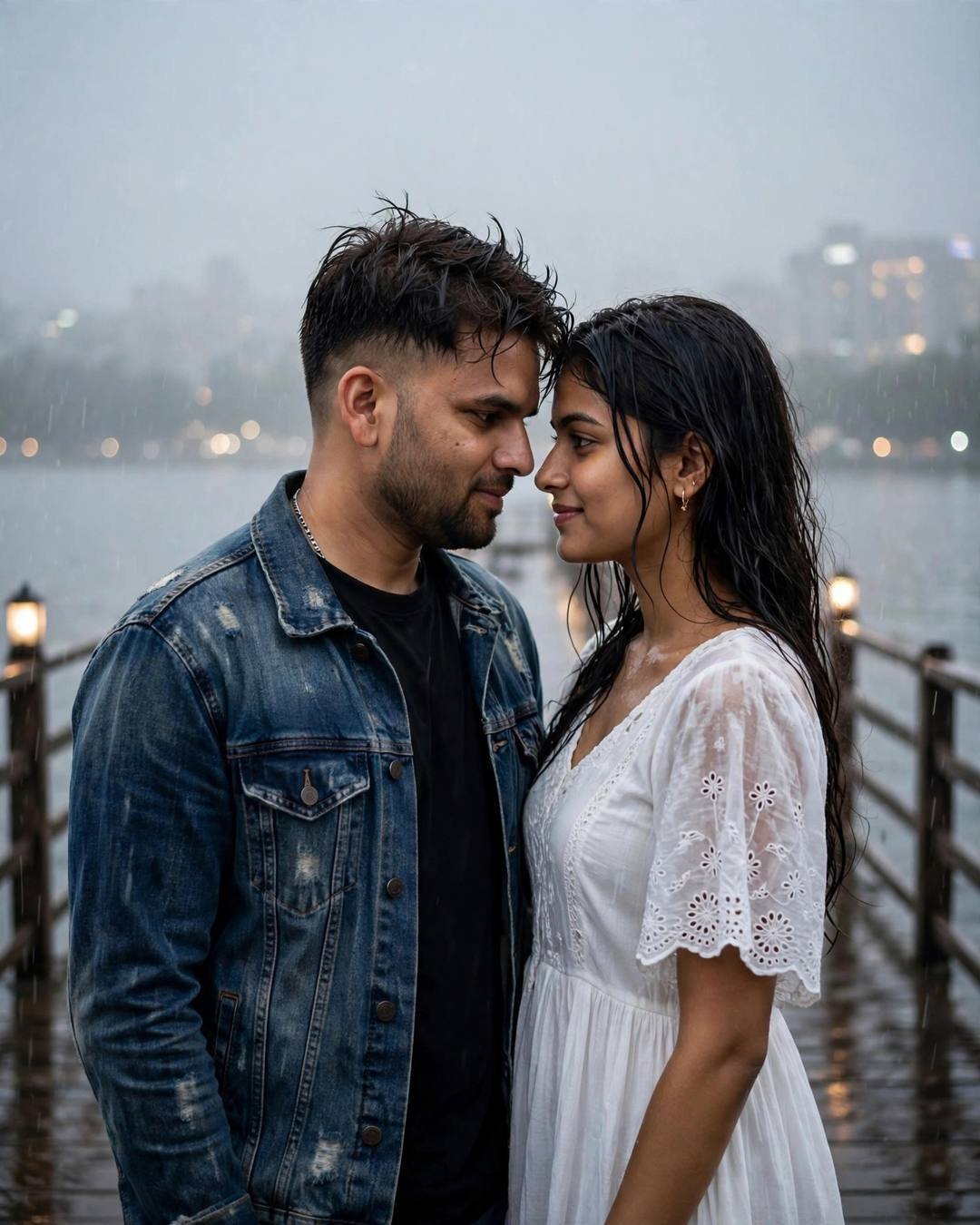 Young couple face to face with foreheads almost touching on a rainy pier, man in denim jacket, woman in white dress, city lights blurred behind