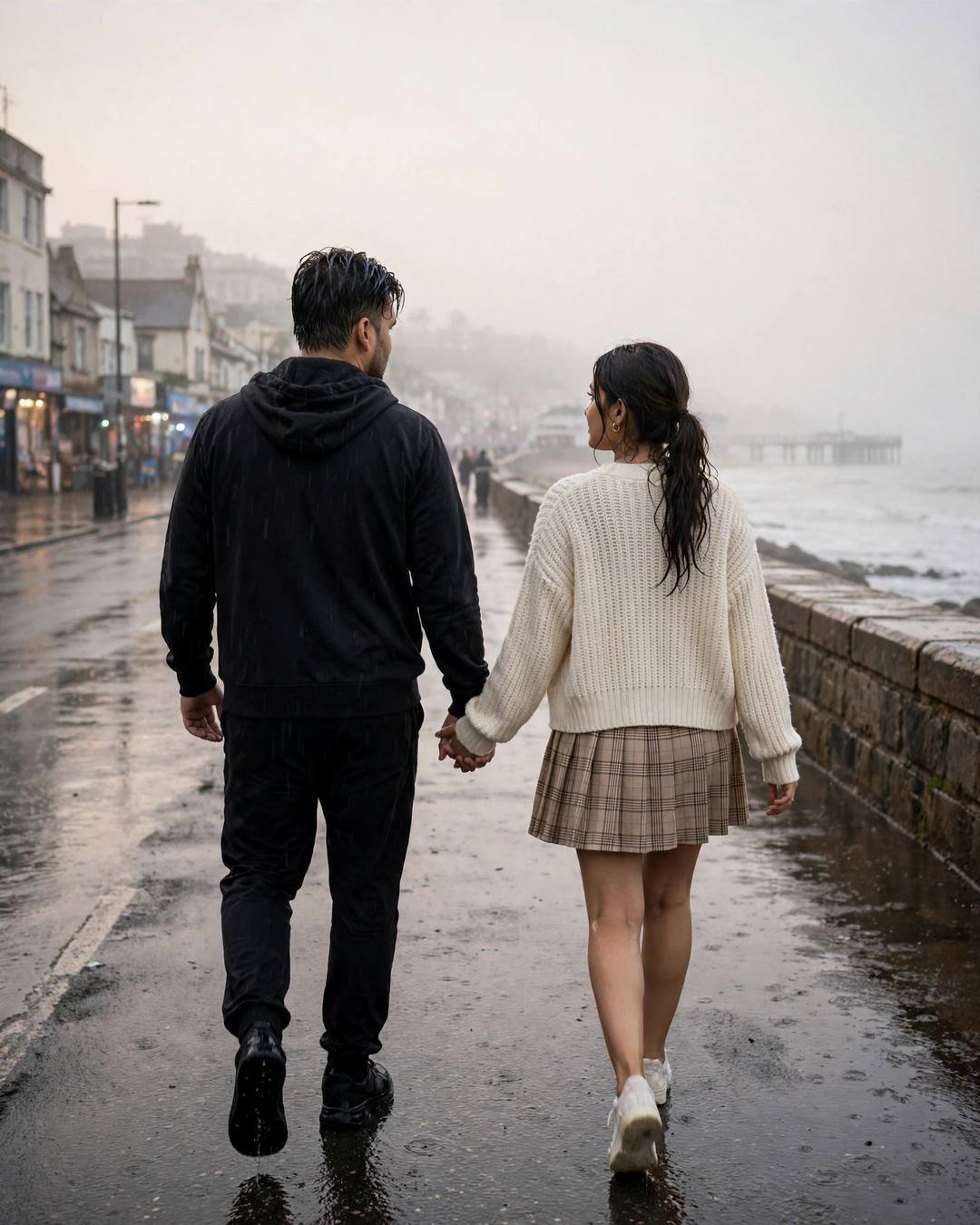Couple walking hand in hand away from the camera along a foggy seaside promenade in drizzle, sea beside them
