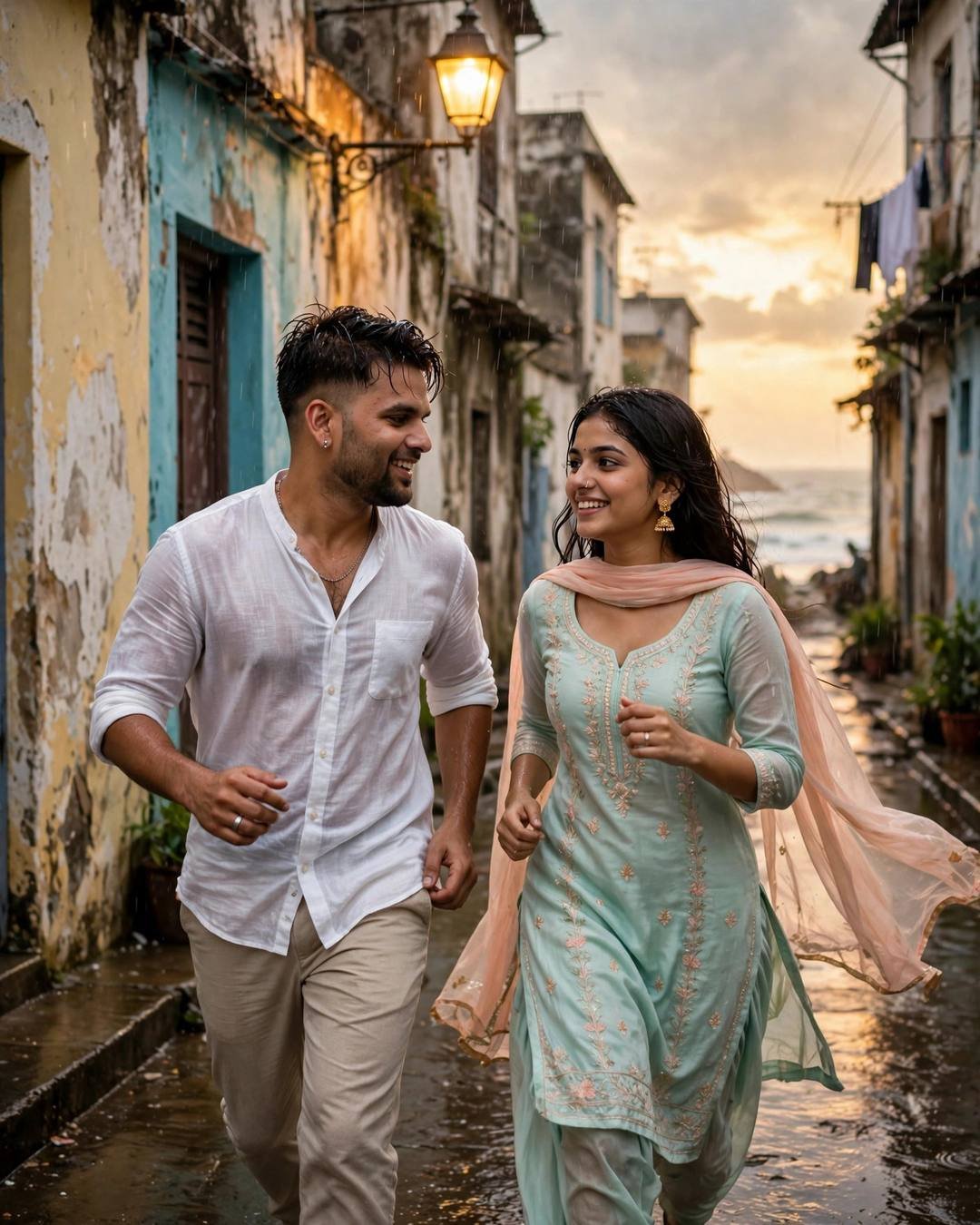 Laughing couple running through a golden-lit old coastal lane in drizzle, man in white linen shirt, woman in mint salwar-kameez with flying dupatta
