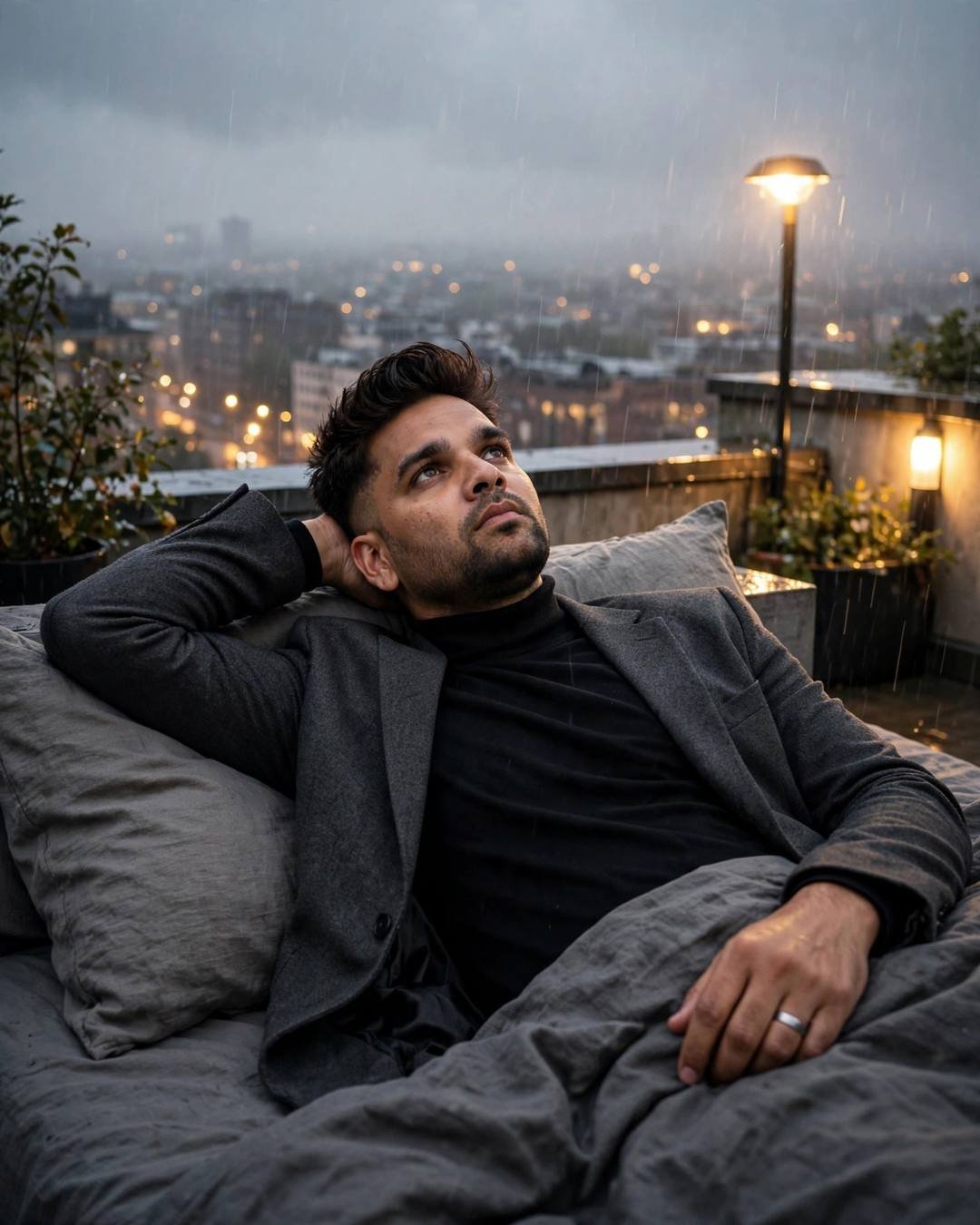 Young Indian man in charcoal blazer and black turtleneck reclining on a rooftop bed in drizzle, city lights glowing behind