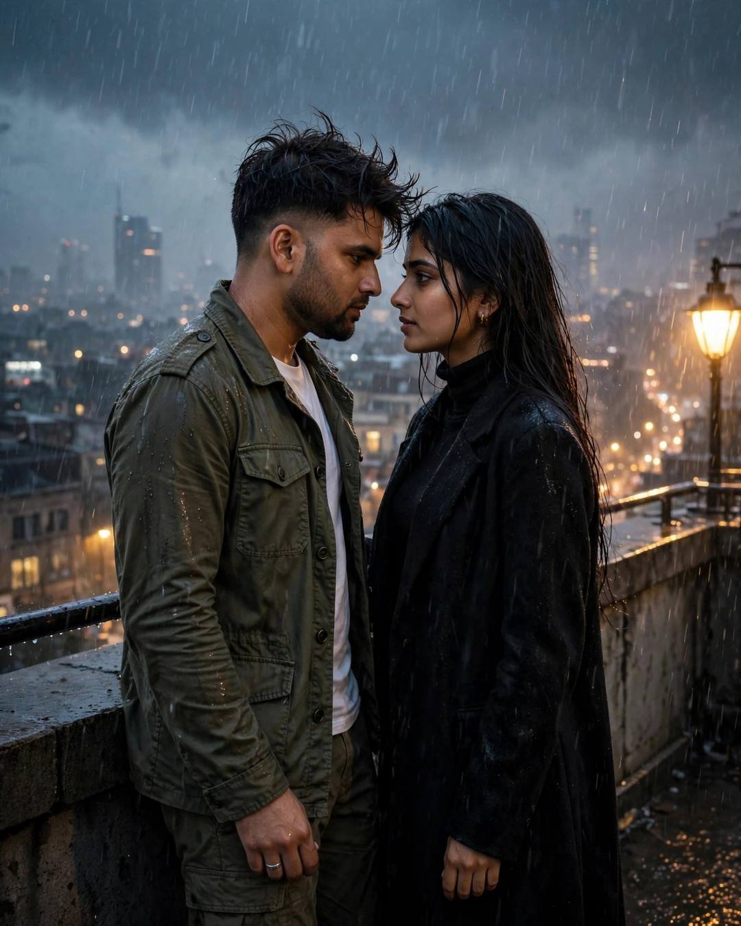 Couple face to face with foreheads almost touching on a rain-soaked rooftop overlooking city lights at night