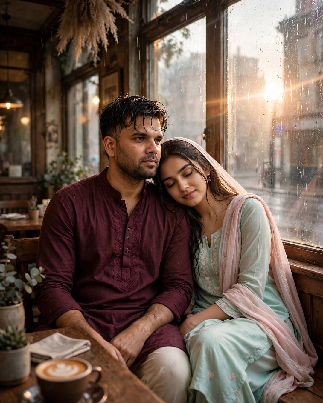 Couple sitting close at an old café by a fogged window, her head on his shoulder, golden light flaring through rain-streaked glass