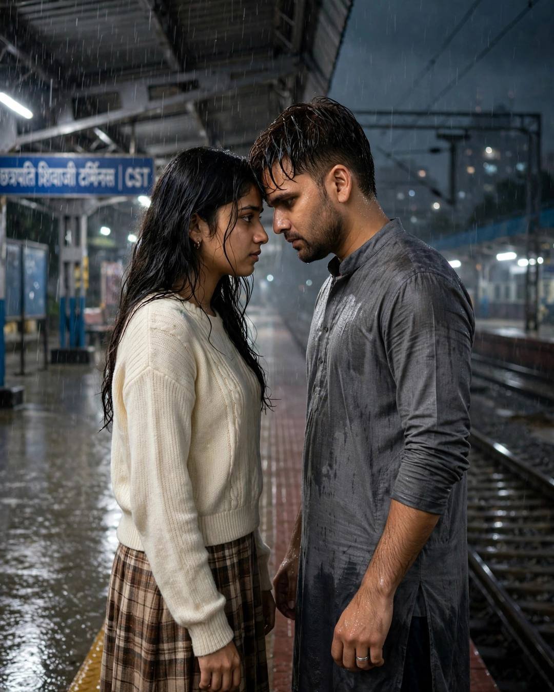 Couple face to face with foreheads almost touching on an empty rain-soaked railway platform at night under a station sign