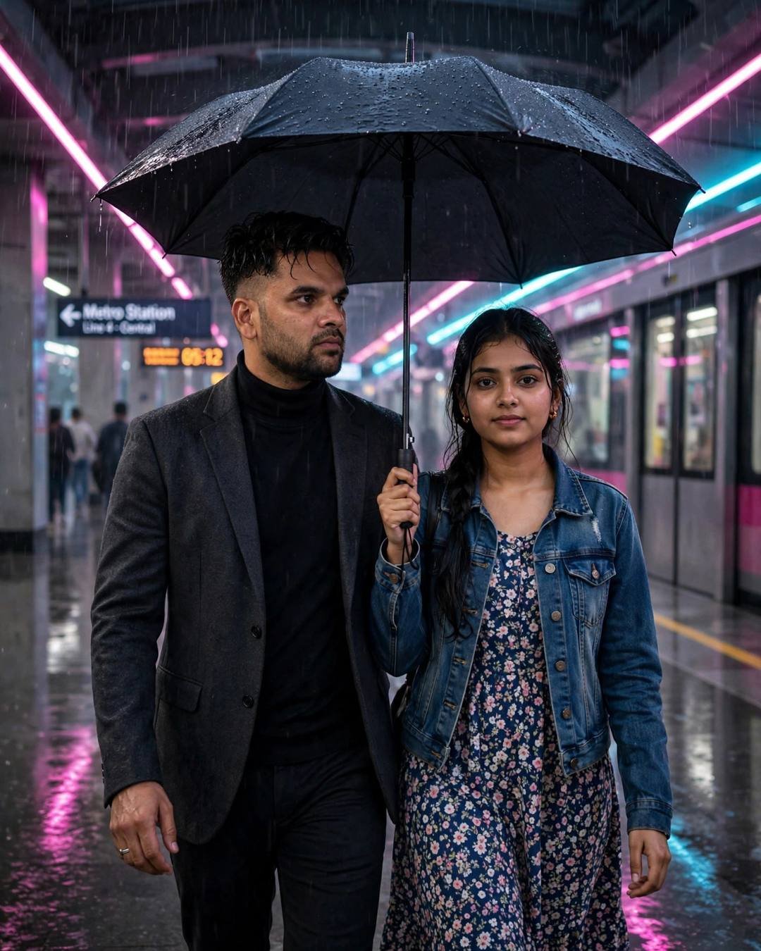Couple walking side by side under one umbrella at a neon-lit metro station at night, shoulders nearly touching