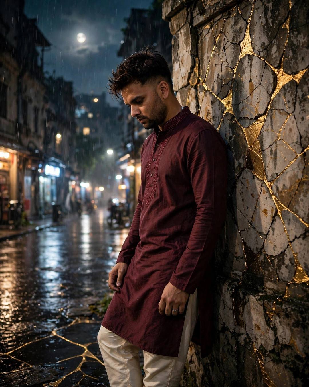 Young man in maroon kurta leaning against a kintsugi gold-cracked wall on a rainy moonlit street