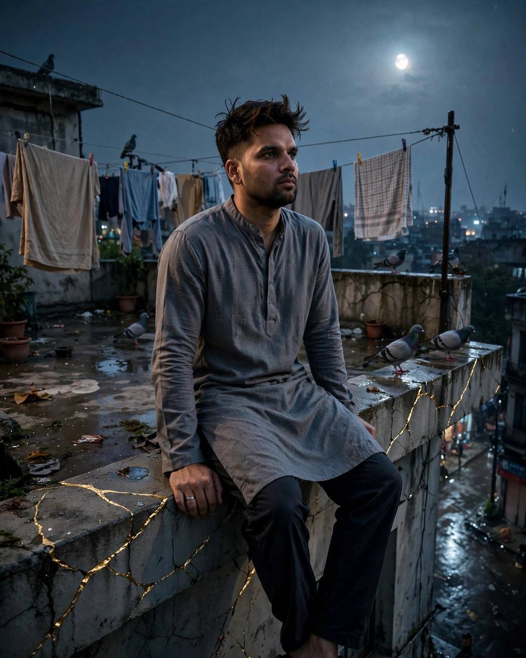 Young man in grey kurta sitting on a moonlit rooftop ledge, pigeons and laundry lines around