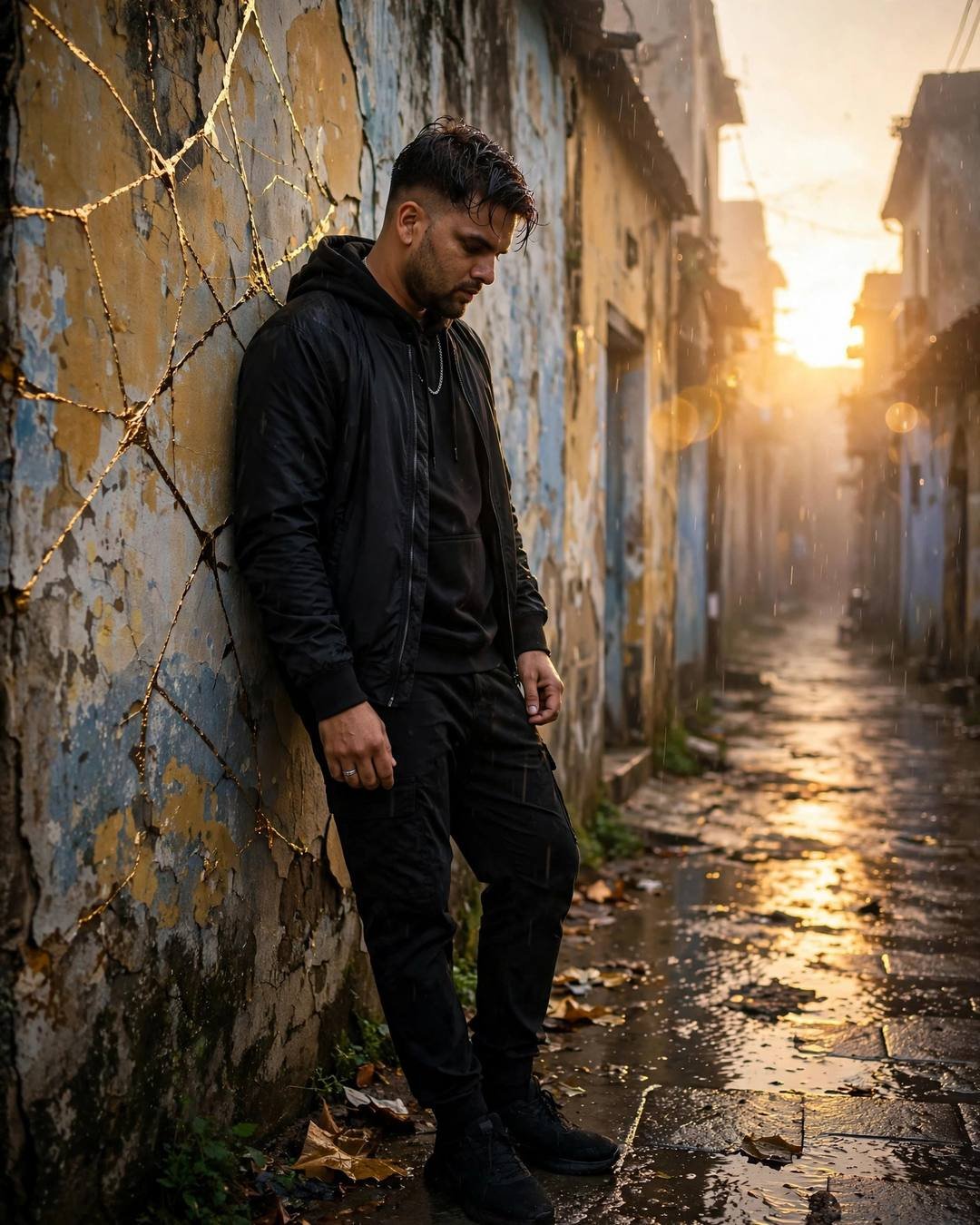 Young man in all-black streetwear leaning against a kintsugi gold wall in a foggy lane at golden hour