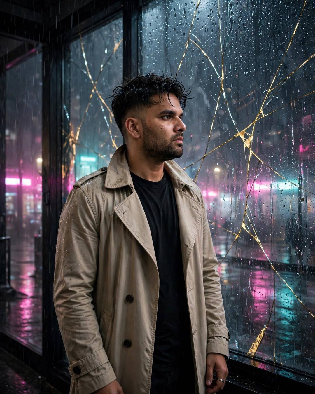 AI portrait of a young Indian man in a beige trench coat before a rain-streaked window with golden cracks and neon reflections