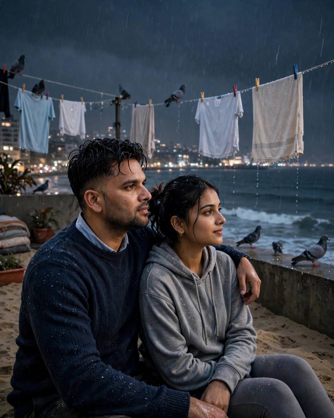 Young couple sitting on a rainy terrace above the sea, man's arm around the woman, clotheslines and pigeons above, waves below