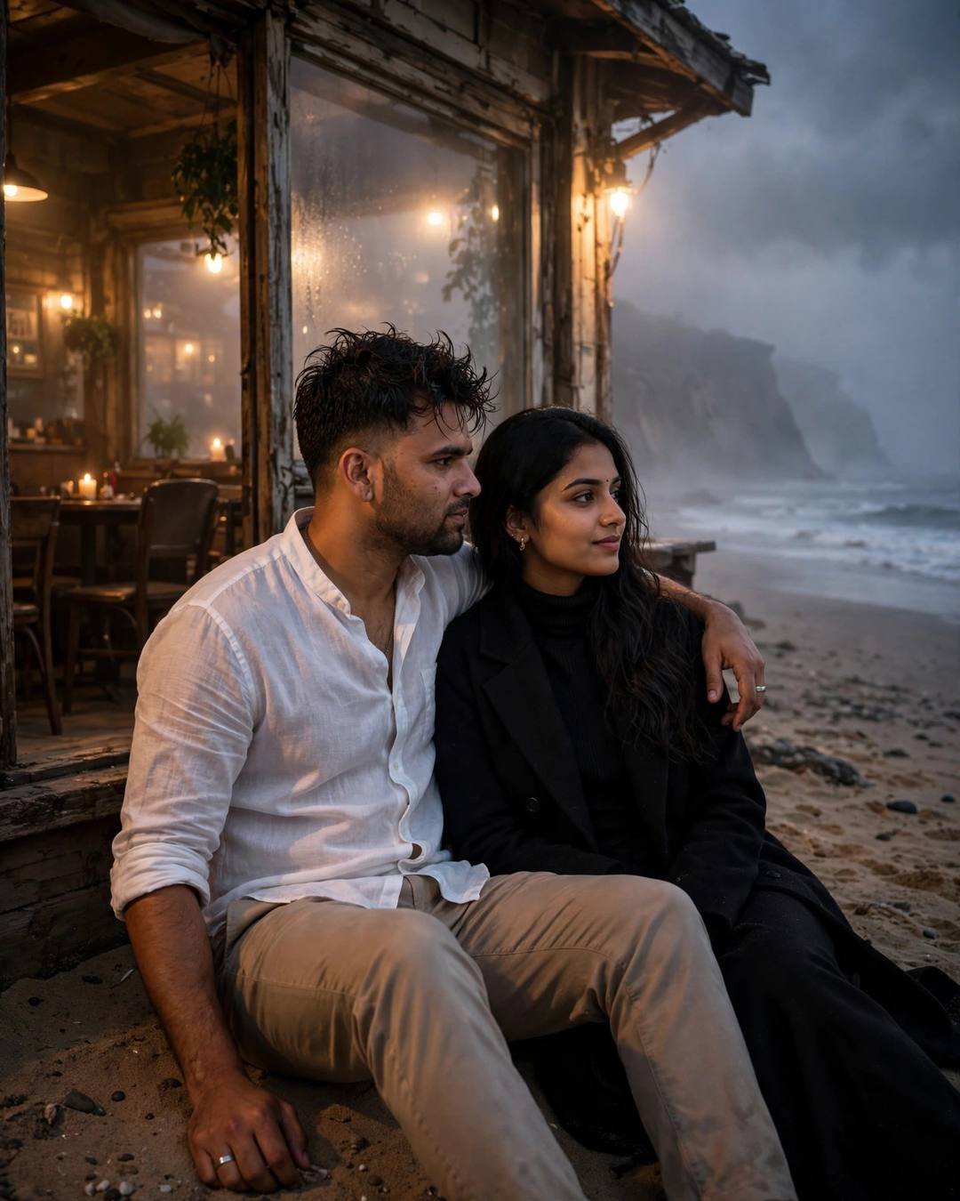 Young couple sitting on the sand outside a fogged-window beach café at dusk, man's arm around the woman, sea fog behind
