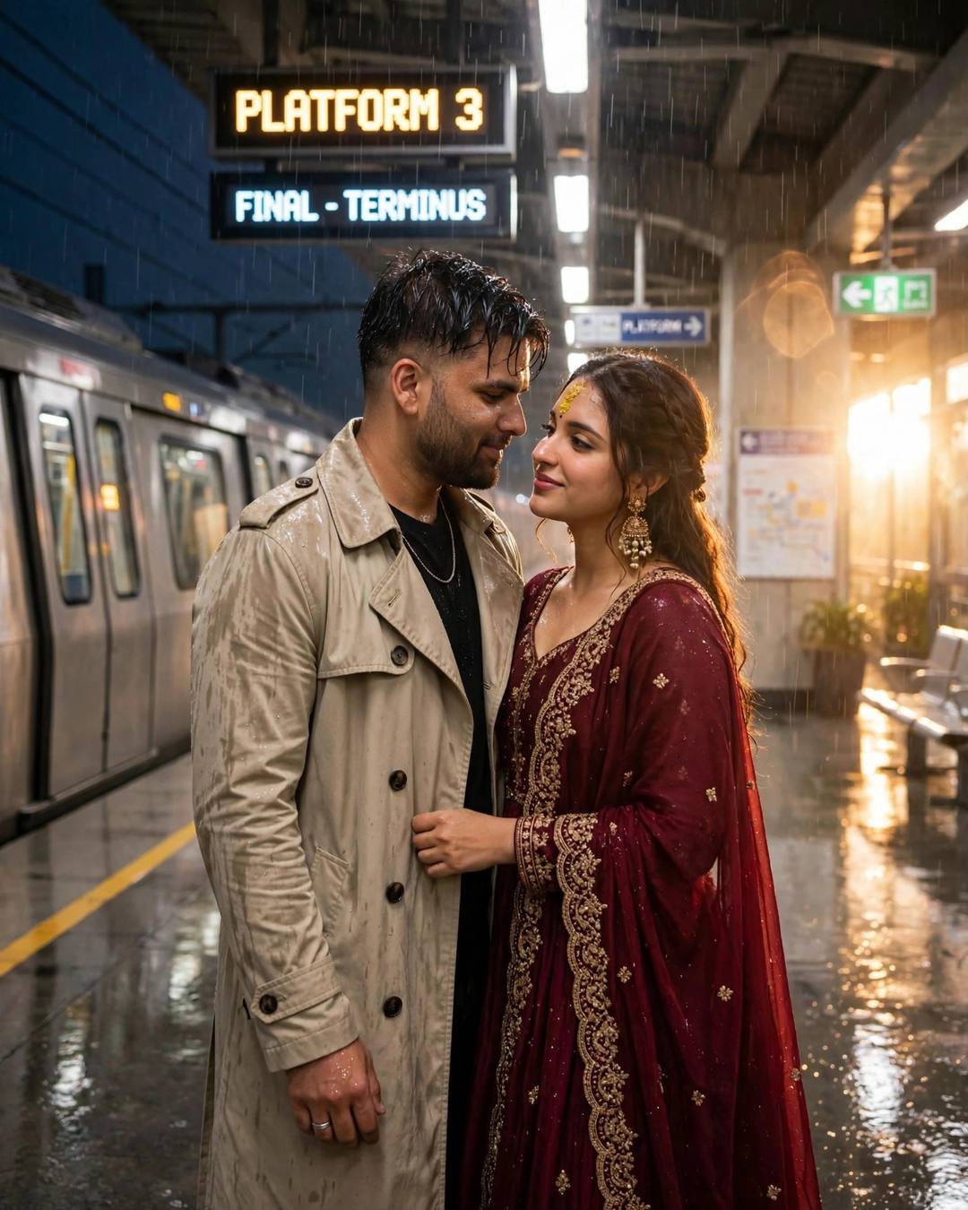 Young couple embracing on a rainy metro platform at night, man in beige trench coat, woman in maroon anarkali, train waiting, golden backlight