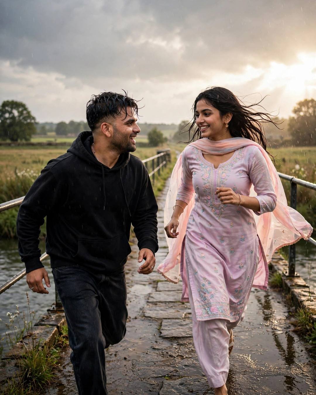 Laughing couple running across a stone bridge over a river at sunset, man in black hoodie, woman in pink salwar-kameez with flying dupatta