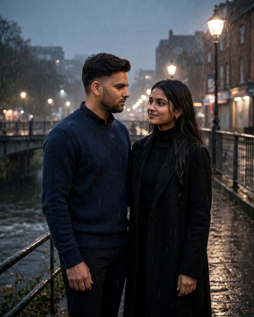 Young couple dancing slowly in an empty lamplit street at midnight in drizzle, man in navy sweater, woman in black coat, river beyond