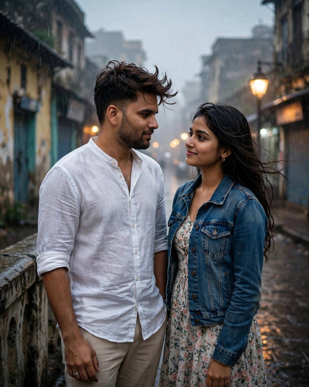 Couple in an old-city lane at dawn, facing each other in light rain