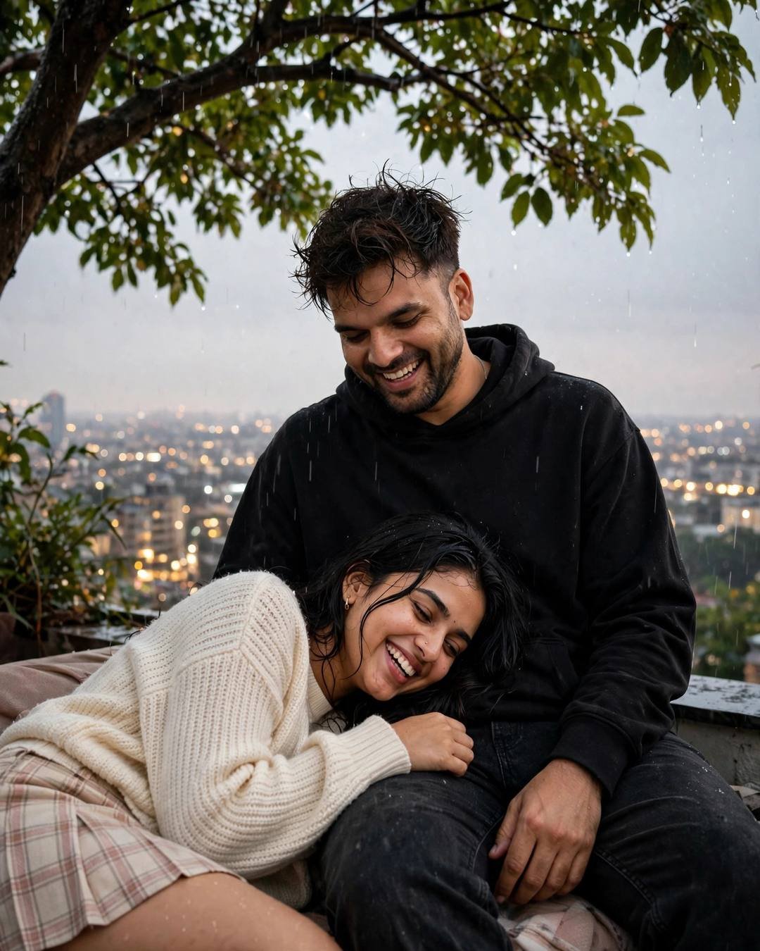 Couple laughing under a tree on a rooftop overlooking the city