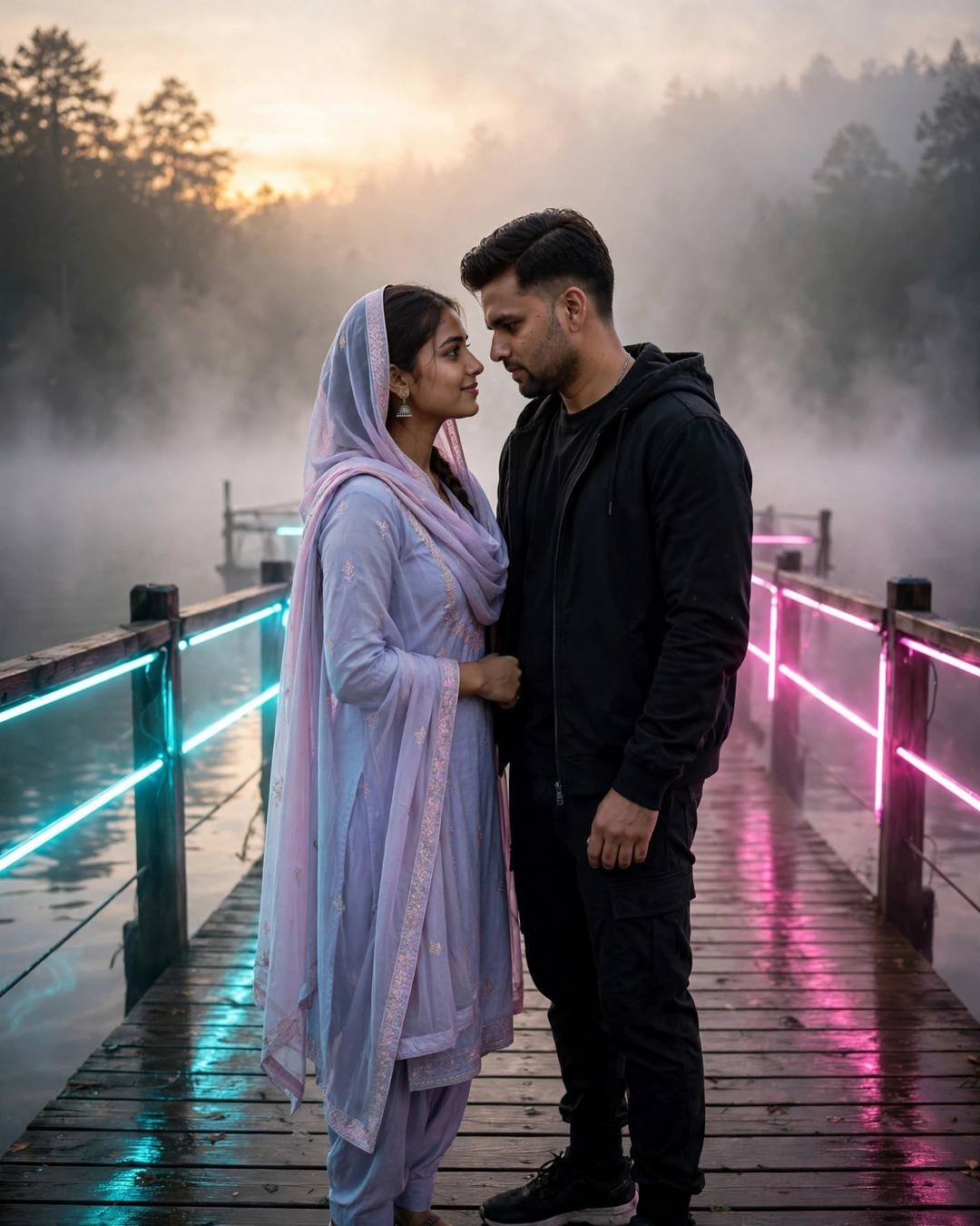 Couple with foreheads almost touching on a foggy neon-lit pier at dawn